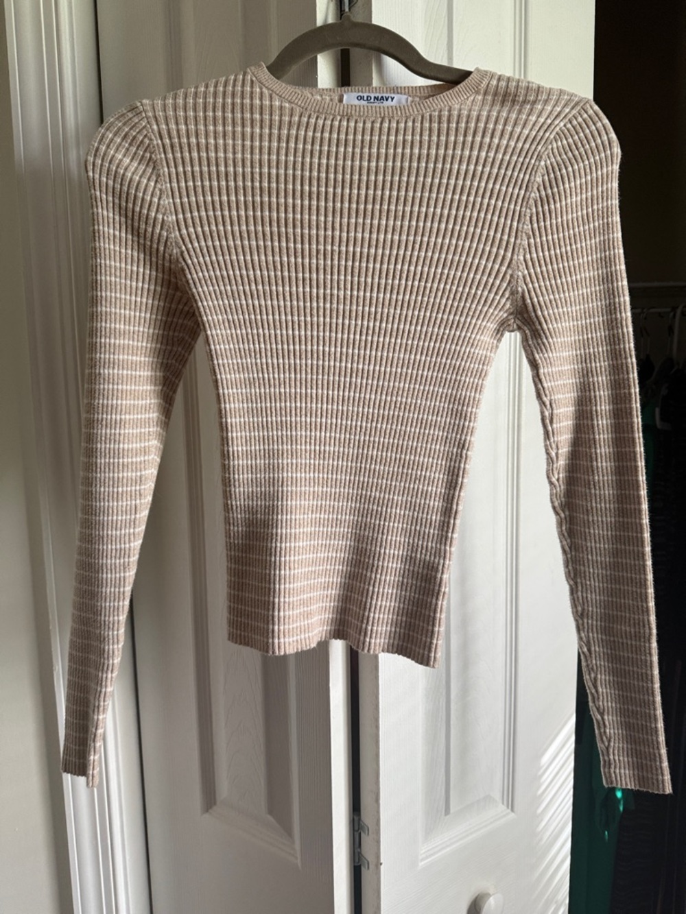 Old Navy Ribbed Long Sleeve Top - Cream & White Stripe